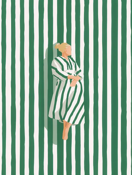 Minimalist portrait with green stripes - modern Japandi art style with peace and balance by But First Framing