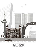 Skyline illustratie stad Rotterdam | Feijenoord | Kuip zwart-wit-grijs