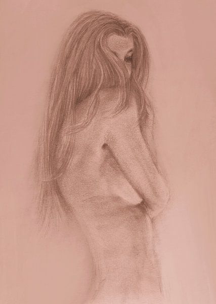 Sketch young woman , discreet nude peach orange pink by Krista Kitsz Art