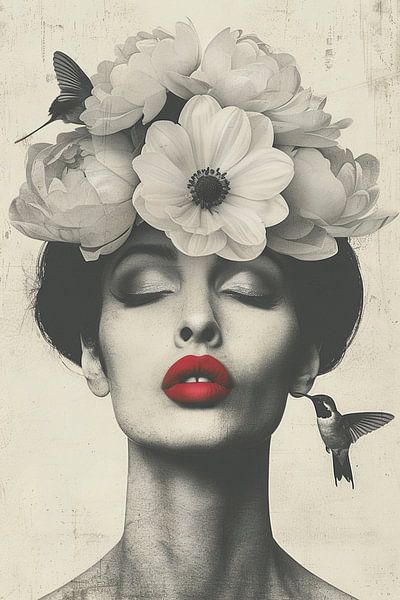 Portrait artistique en noir et blanc avec des lèvres rouges par Marijke Trienekens