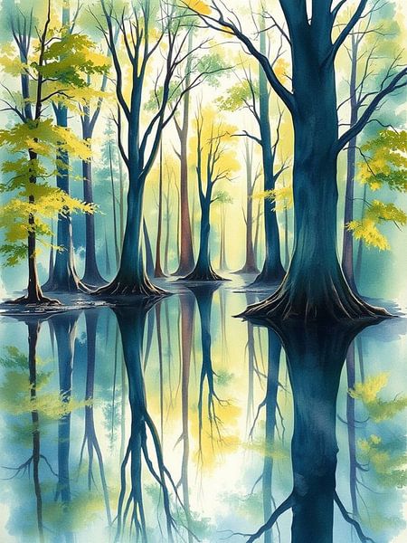 Verzauberte Herbstreflexion: Eine heitere Aquarell-Waldlandschaft von Artistic