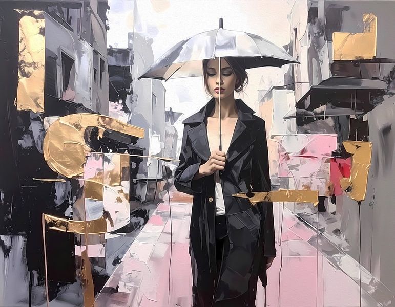 Œuvre d'art figurative semi-abstraite femme sous la pluie par Emiel de Lange