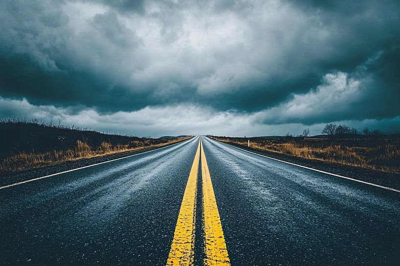 Leere Straße unter dunklem Himmel von Art & Soul Creations