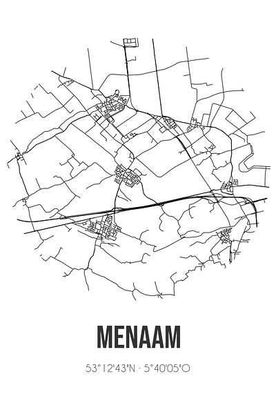 Menaam (Fryslan) | Carte | Noir et blanc par Affiches de lieux