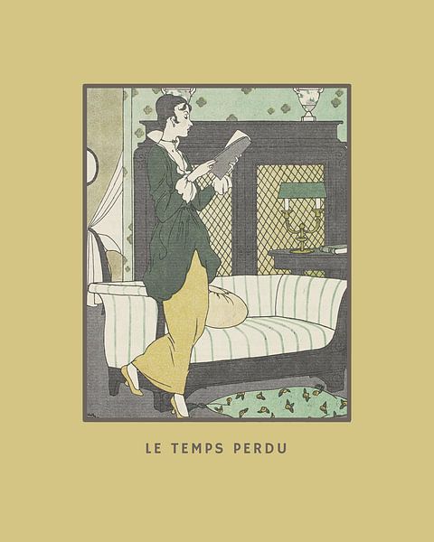 Le temps perdu jaune moutarde | Femme lisant un livre | Impression de mode Art déco historique par NOONY