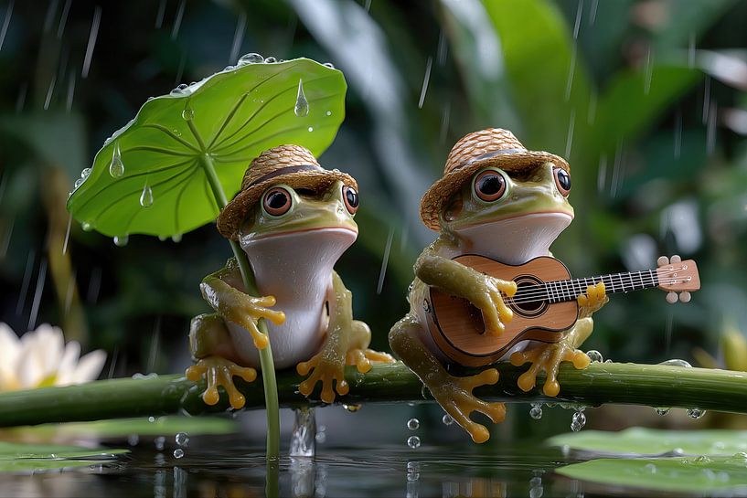 Des grenouilles sous la pluie, sous un parapluie de feuilles. Elles jouent de la musique. par Monique Leenaerts
