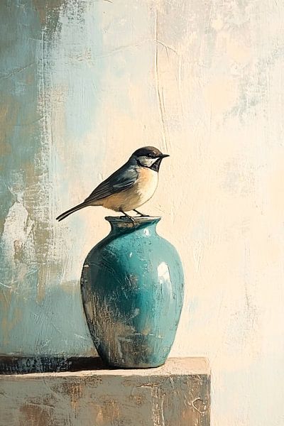 Vogel op vaas in schilderij van Art & Soul Creations