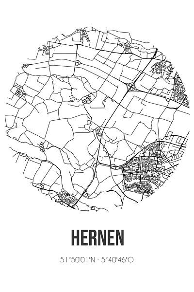 Hernen (Gueldre) | Carte | Noir et blanc par Affiches de lieux