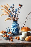 Delfter Blau Frühstückstisch mit Vase, Eiern und Rotkehlchen