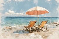 Two beach chairs under parasol - watercolour painting in soft tones