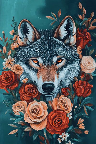 Mystische Wölfin mit bunten Blumen von Imperial Art House