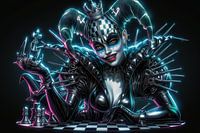 Cyberpunk Hofnarrin Wandkunst - Neon Schachdame Druck für Moderne Wohndekoration