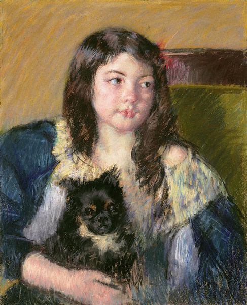 Françoise, die einen kleinen Hund hält und weit nach rechts schaut, Mary Cassatt von Meisterhafte Meister