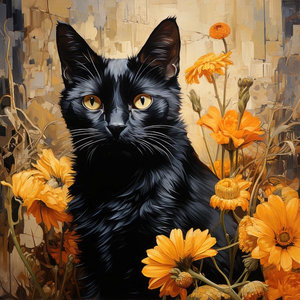 Black Cat and Flowers inspired by Vincent van Gogh von Erika Kaisersot