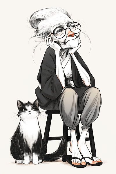 Caricature of an old woman and her cat by Karina Brouwer