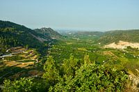 Blick auf Orangenplantagen an der Mittelmeerküste Spaniens zwischen den Bergen. Am Horizont das Mitt