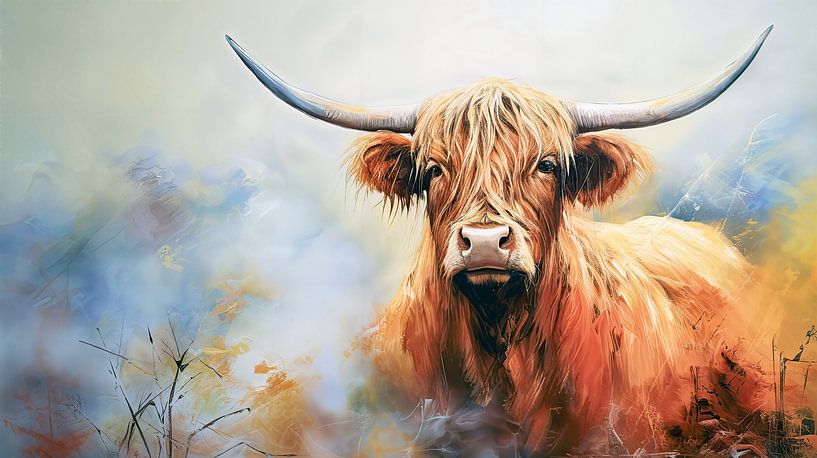 Portrait écossais Highlander vache peinture moderne par Vlindertuin-Art