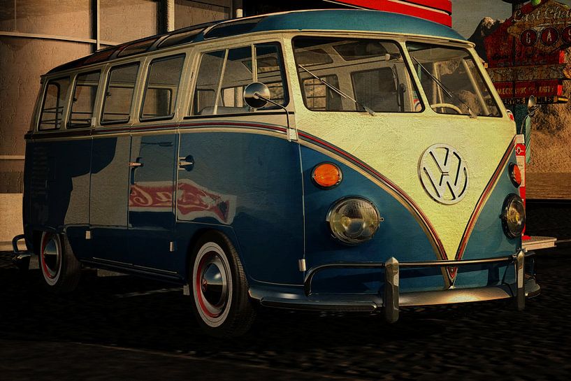 Volkswagen Kombi T1 1963 mit Oldtimern Tankstelle von Jan Keteleer