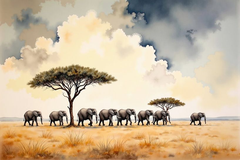 Troupeau d'éléphants d'Afrique marchant dans la savane lors d'un spectaculaire soleil par Markus Gann
