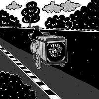 Monochrome illustration of street vendor pushing cart with inspiring Indonesian quote
