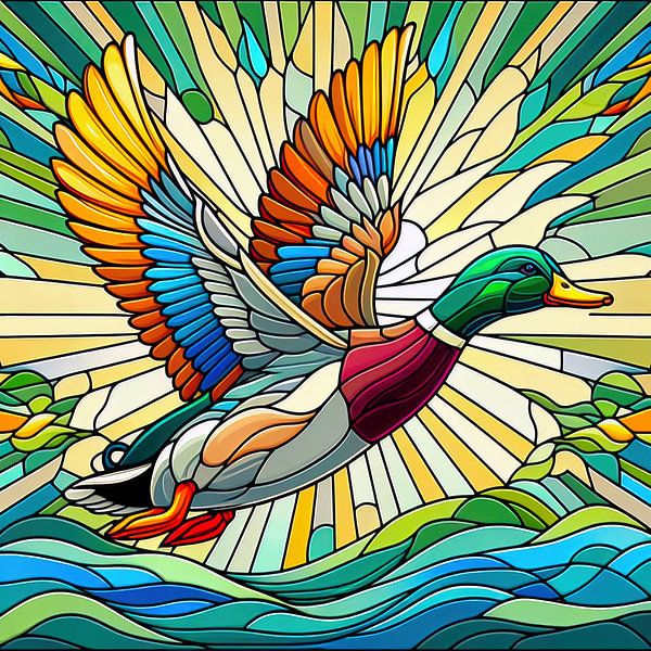 Fliegende Ente im Stil der Glasmalerei von Digital Art Nederland