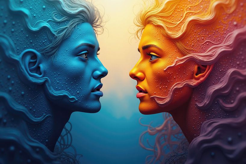 Deux femmes surréalistes représentant la dualité se regardent dans les yeux. par Markus Gann