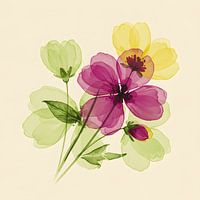 Delicate Watercolor Transparent Flower Arrangement in Yellow and Magenta Blossom