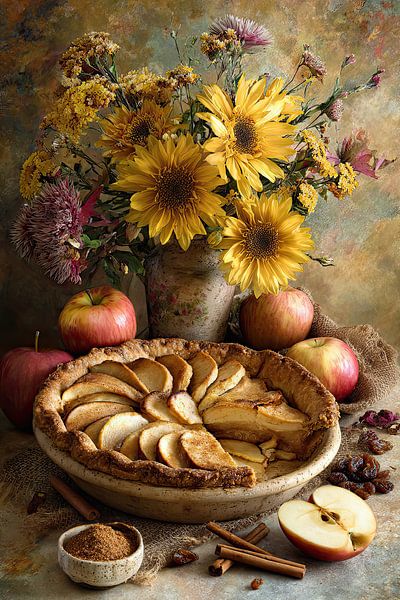 Apfelkuchen mit Sonnenblumen und Äpfeln – warmes Herbststillleben von Joriali Fotografie und Gemälde