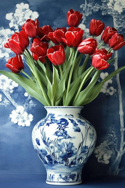 Red tulips in Delft Blue vase by Franka Poulain