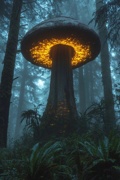 Riesiger leuchtender Pilz im Wald von Art & Soul Creations