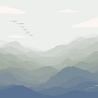 Mountain view with birds - Green and blue illustration