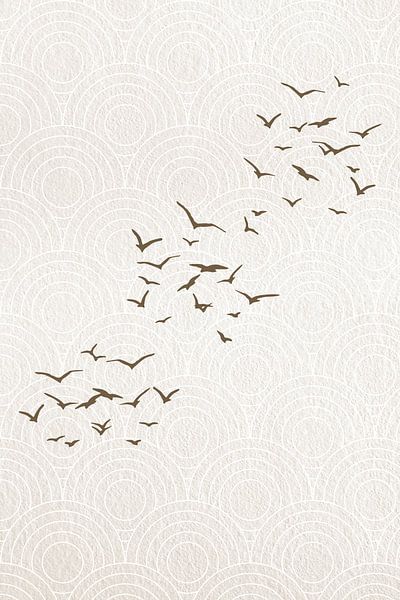 Japandi. Paysage abstrait en brun sépia avec des oiseaux sur un motif japonais. par Dina Dankers