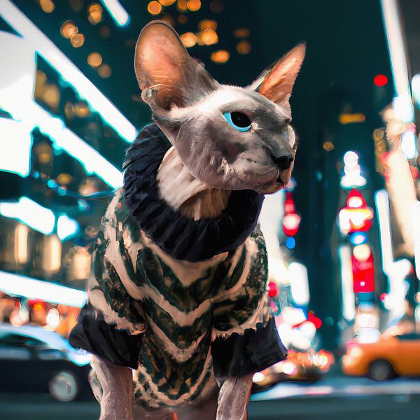 Spynx-Katze mit warmem Pullover auf der Straße in New York bei Nacht von Maud De Vries