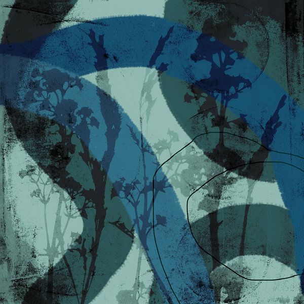 Abstract Retro Botanical. Flowers, plants and leaves in blue, grey, mint by Dina Dankers