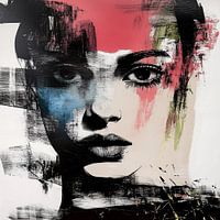 Shadow of Colour; black-and-white portrait of a beautiful woman with penetrating gaze and red-pink, blue and green areas