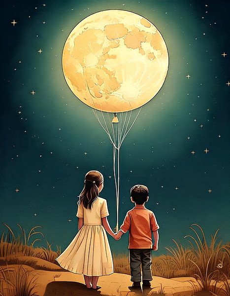 Kinder mit Luftballon in Mondform von Martine Affre Eisenlohr