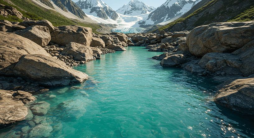 Türkisfluss im Gebirgspanorama – Exklusive Wandkunst von ButterflyPix