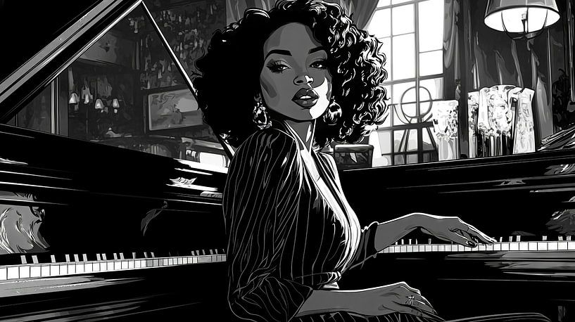 Musician at the grand piano in a jazz club by Frank Heinz