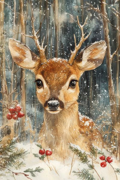 Winterstille - Junges Hirschkalb im verschneiten Wald von Eva Lee