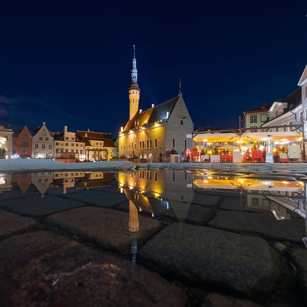 Stadhuis in Tallinn met weerspiegeling in plas in de avond van Robert Ruidl