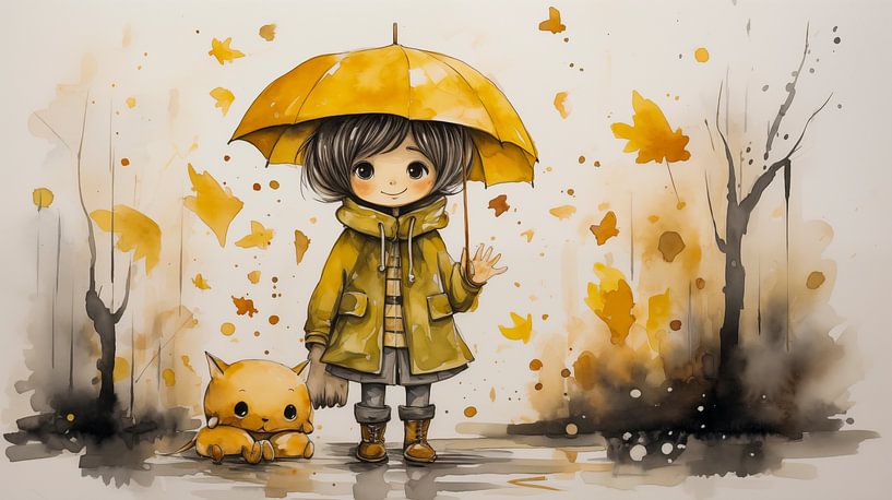 20h painted witch watercolour little girl in yellow mackintosh with yellow umbrella, watercolour art design by Animaflora PicsStock