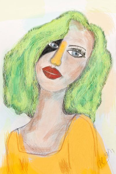 Ongekend Tekening karikatuur portret van meisje in geel groen van Marianne NB-61