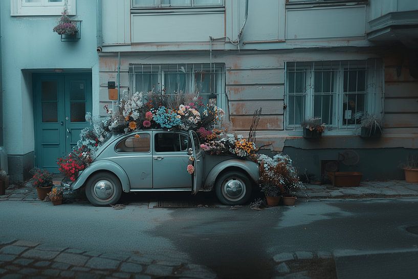 Vintage Car in Pastel Colours - Summer Flowers by Karina Brouwer
