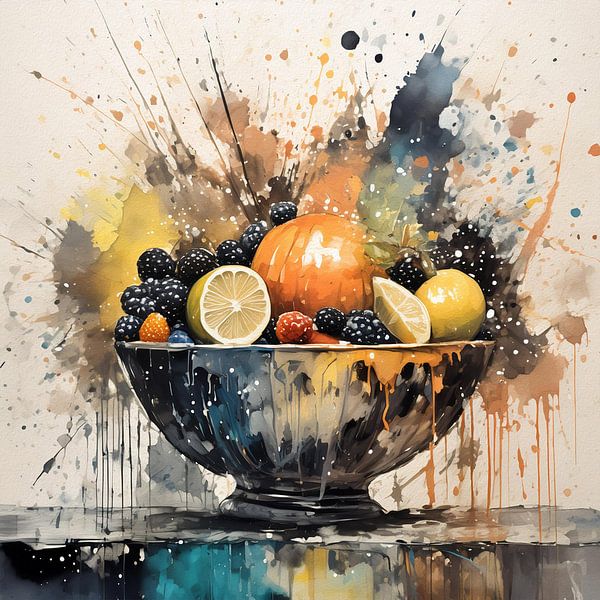 Still life fruit bowl with mixed media by Emiel de Lange