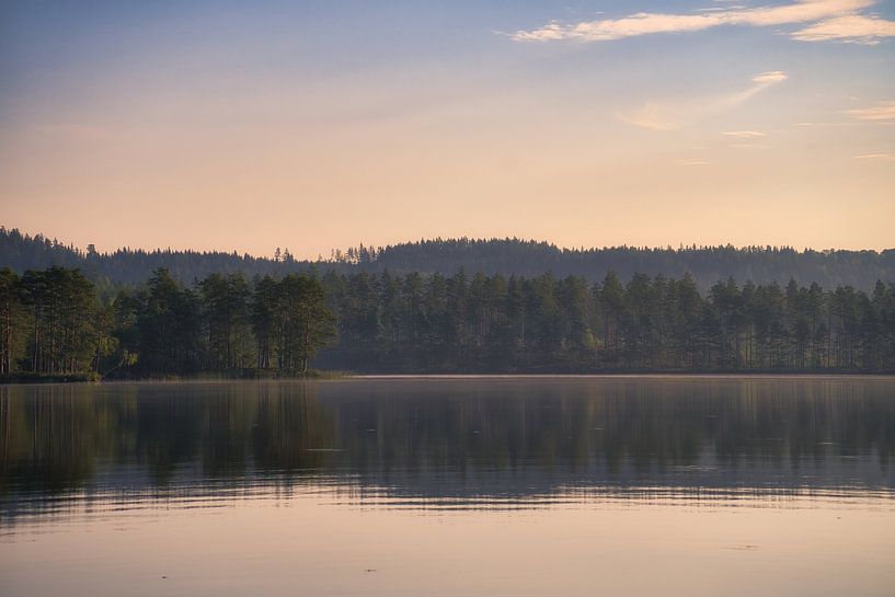 See in Schweden mit weißen Wolken, blaues Wasser und Bäumen am Ufer von Martin Köbsch