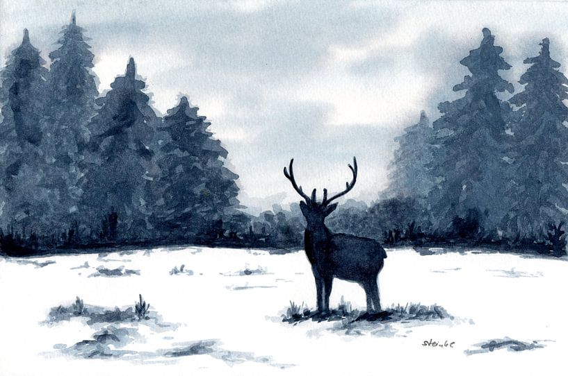 Cerf du paysage hivernal devant la clairière de la forêt par Sandra Steinke
