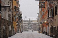 Verschneite Straße mit Weihnachtsbaum in Innsbruck beim Goldenen Dachl