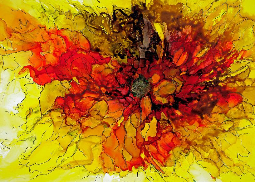 Tournesol abstrait en rouge et jaune. par Ineke de Rijk