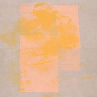 Abstrakte rustikale Formen in Neongelb, Rosa und warmem Grau.