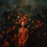 Elegante Frau im traditionellen Kimono, umgeben von Blumen